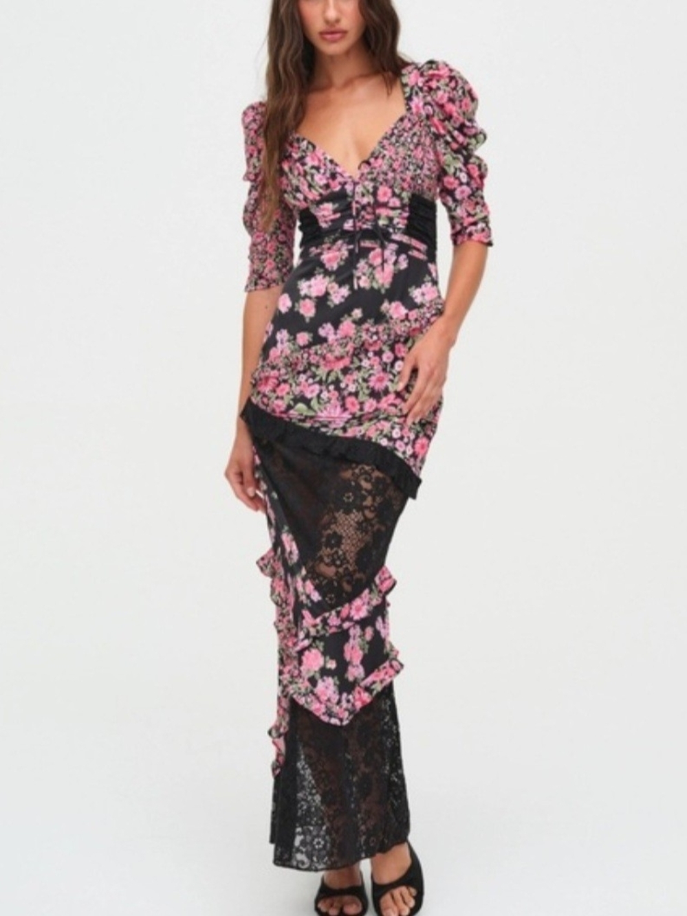For Love & Lemons "Emalyn" Pink Floral Lace Maxi Dress